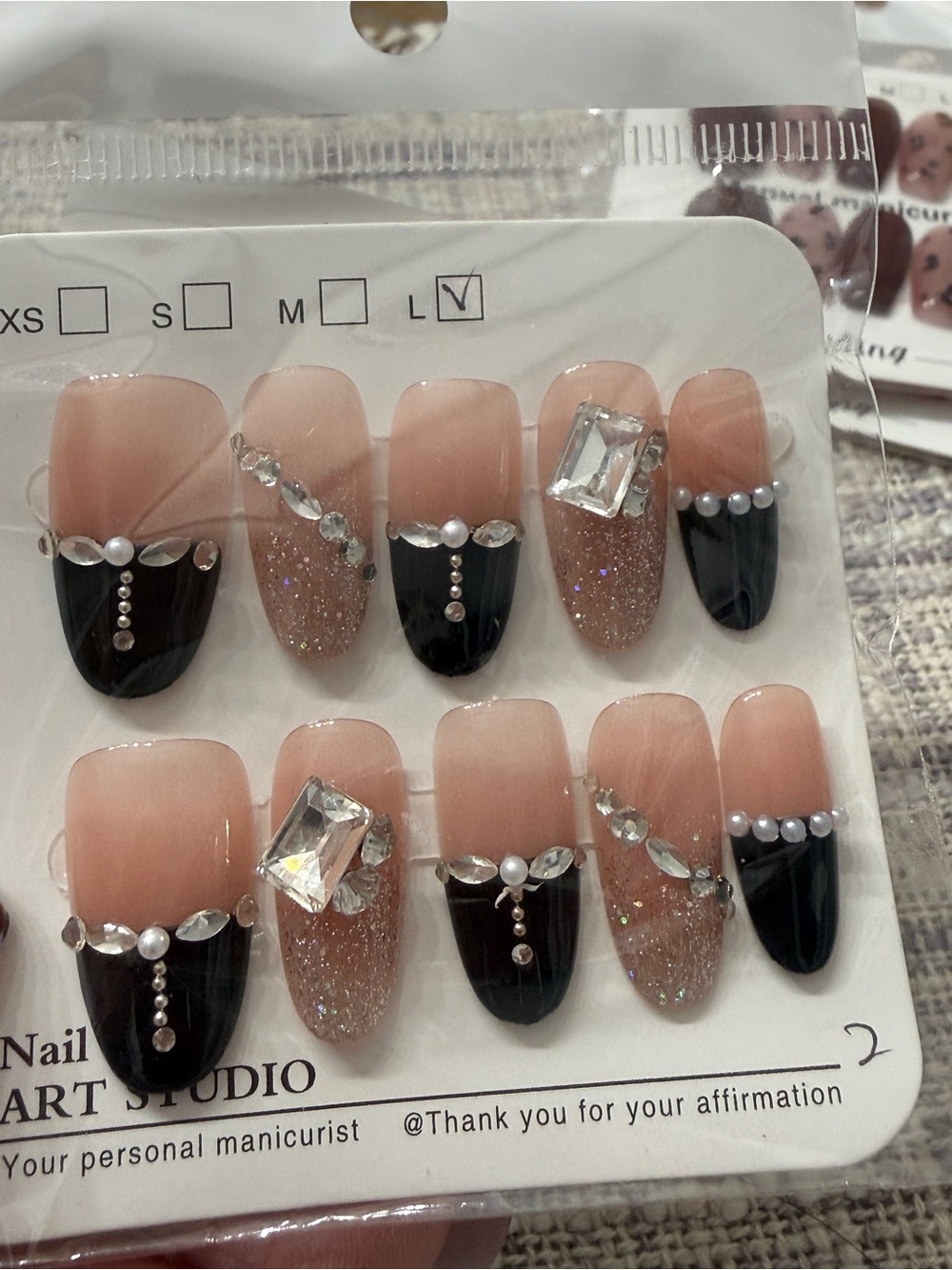 Elegant Nude & Black Rhinestone Press-On Nails - Sparkle Accent Set